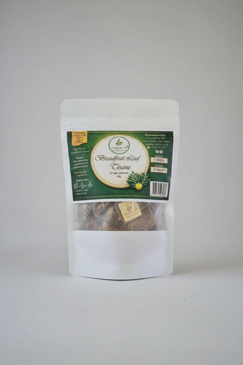 Breadfruit leaf tisane packaging with green label and tea bags inside