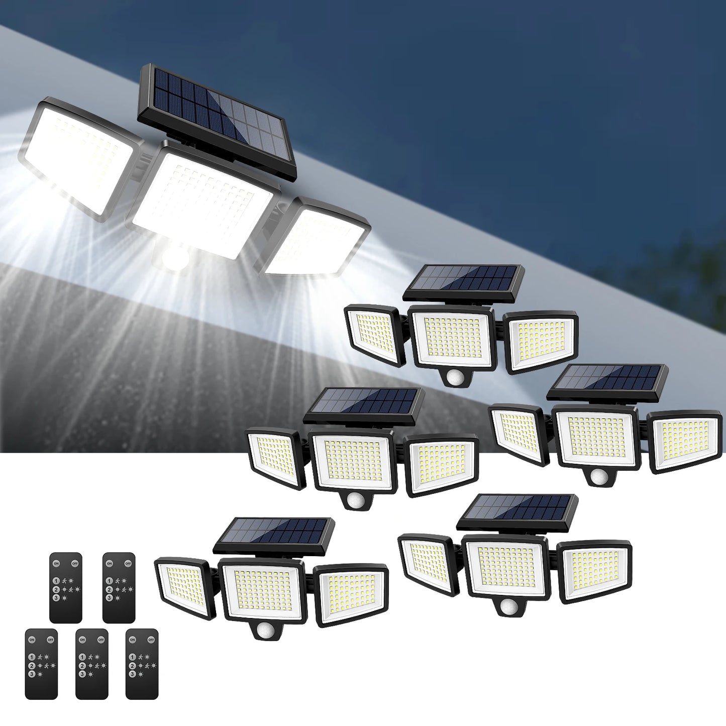 Solar Motion Sensor Security Light. 3- Head, 200+ LEDs, Waterproof