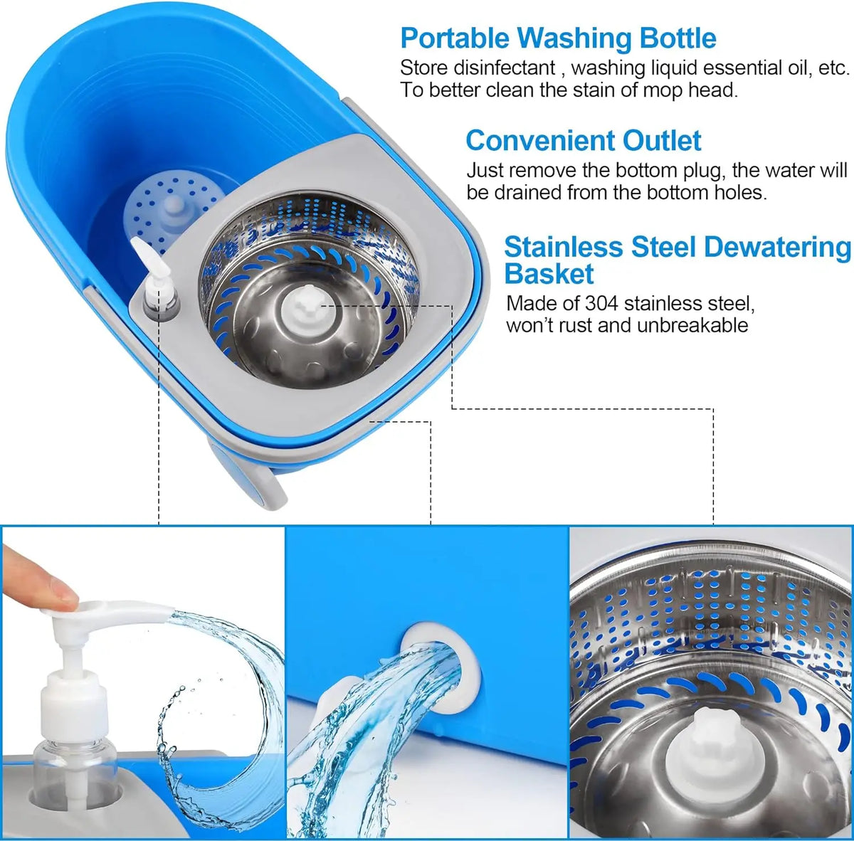 360° Spin Mop & Bucket Set — 3 Microfiber Heads, 61" Handle