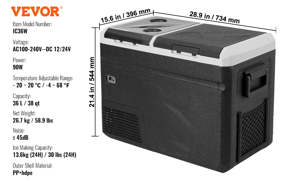 VEVOR Portable 12V Car Refrigerator Dual Zone Freezer 38QT