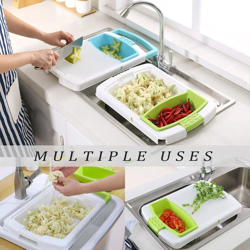 3 in 1 Kitchen Multifunction Sink Strainer Plastic Cutting Board Storage Basket Over Chopping with Containers Retractable Drain - Kart It Up   -  