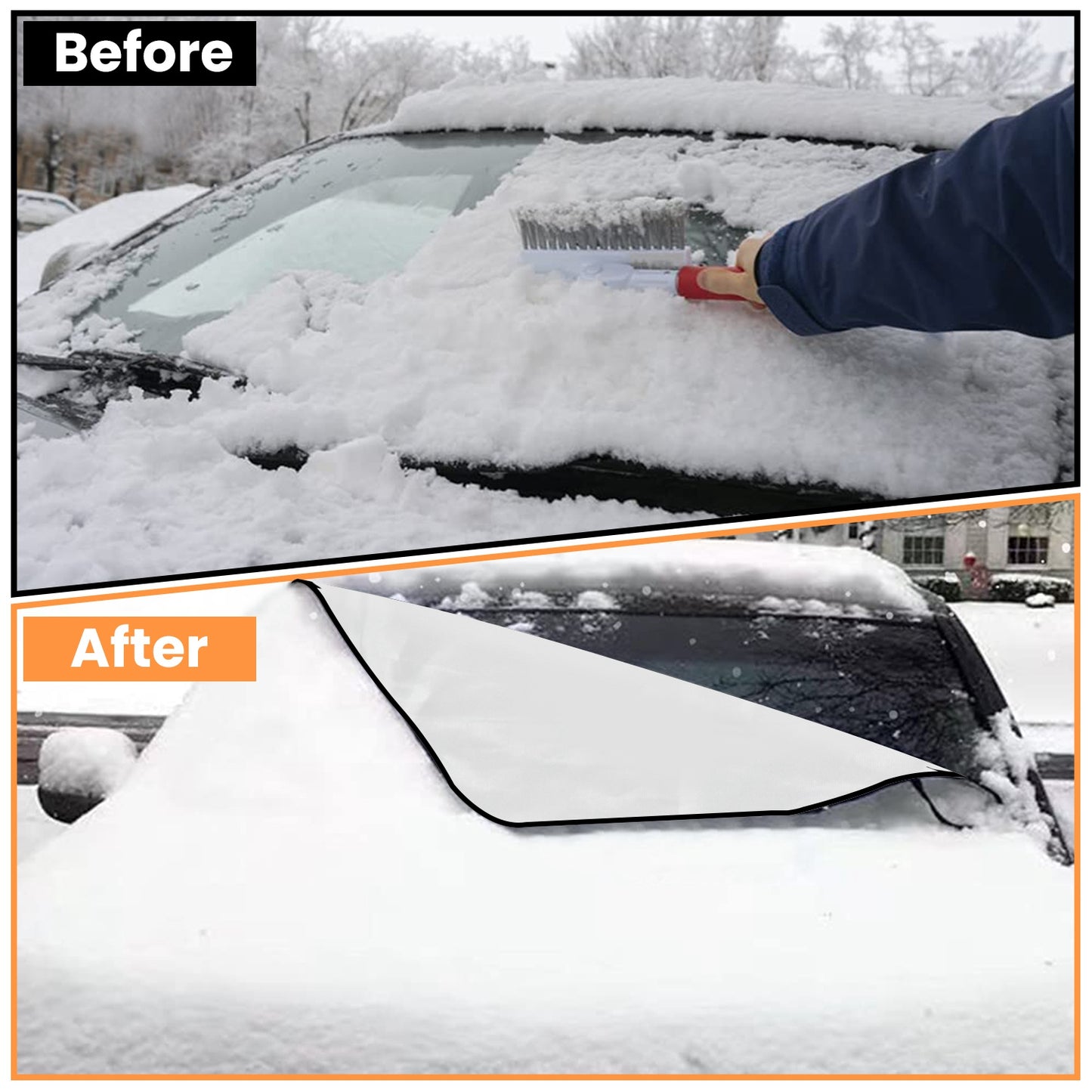 Before and after comparison of Magnetic Car Windshield Cover Snow Sun Dust Protection in snowy conditions.