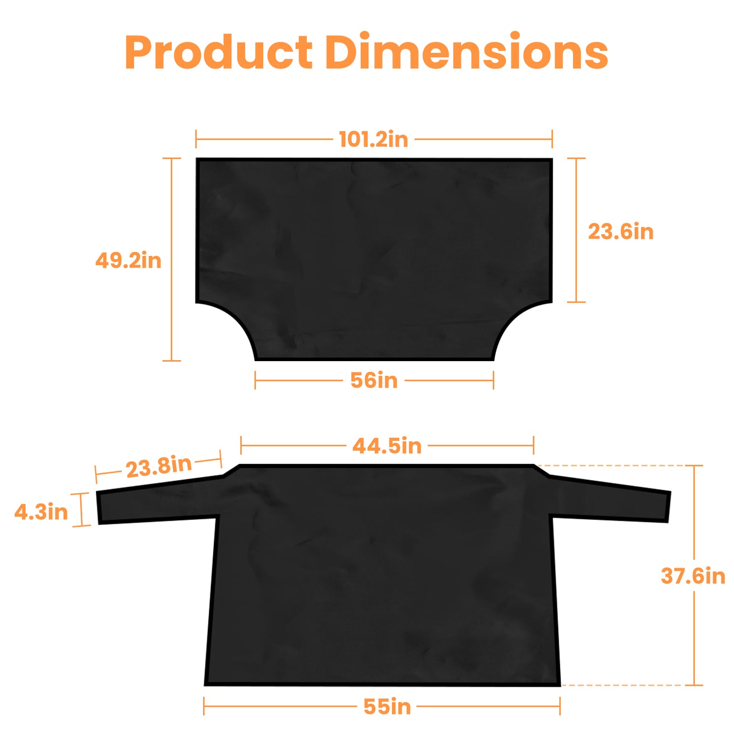 Product dimensions for Magnetic Car Windshield Cover Snow Sun Dust Protection, featuring measurements for both front and rear covers.
