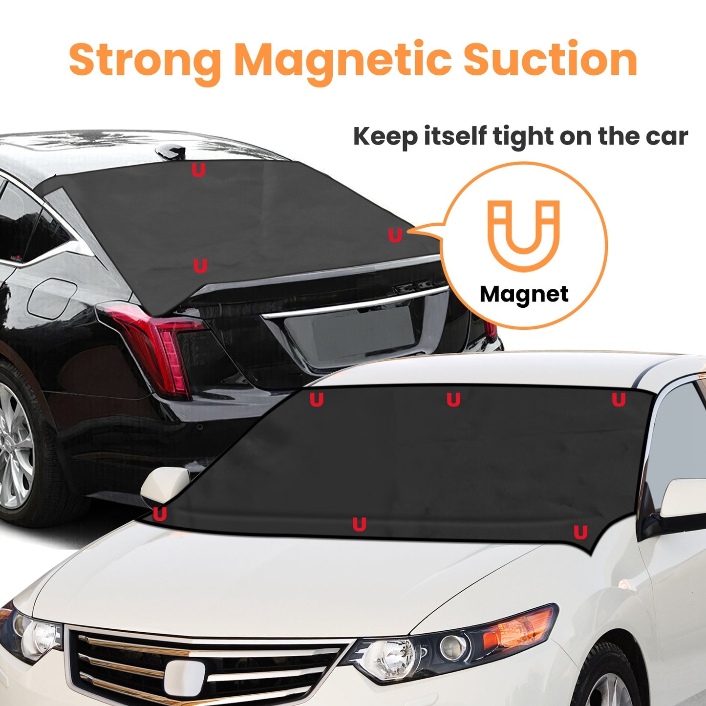 Magnetic Car Windshield Cover Snow Sun Dust Protection with strong magnetic suction keeping it tight on the car.