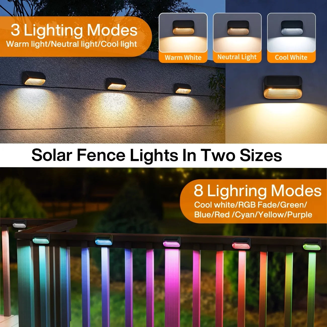 Solar Wall & Fence Lights — Warm White + RGB, Waterproof Outdoor Decor