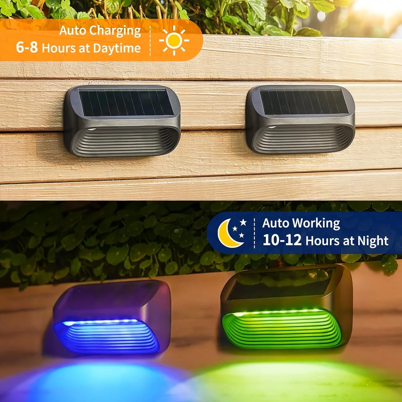 Solar Wall & Fence Lights — Warm White + RGB, Waterproof Outdoor Decor