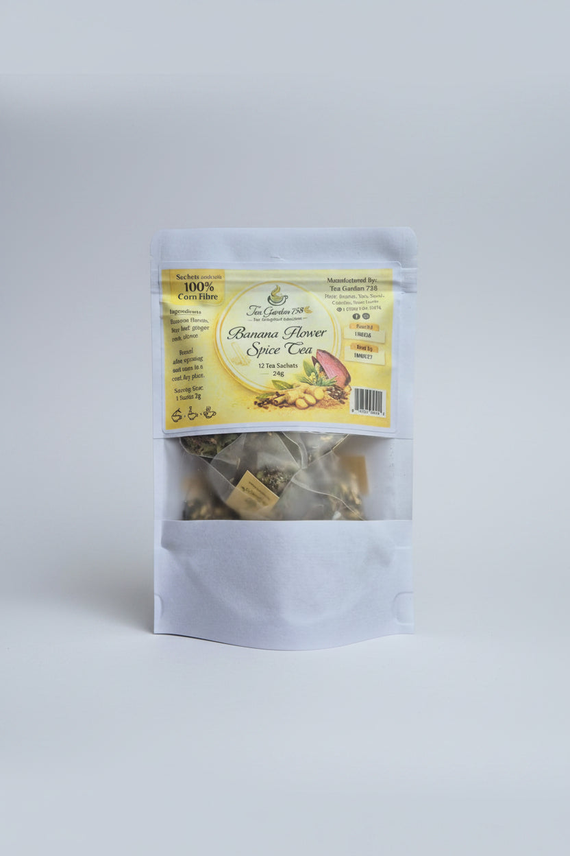 Tea package with banana flower spice tea on a white background