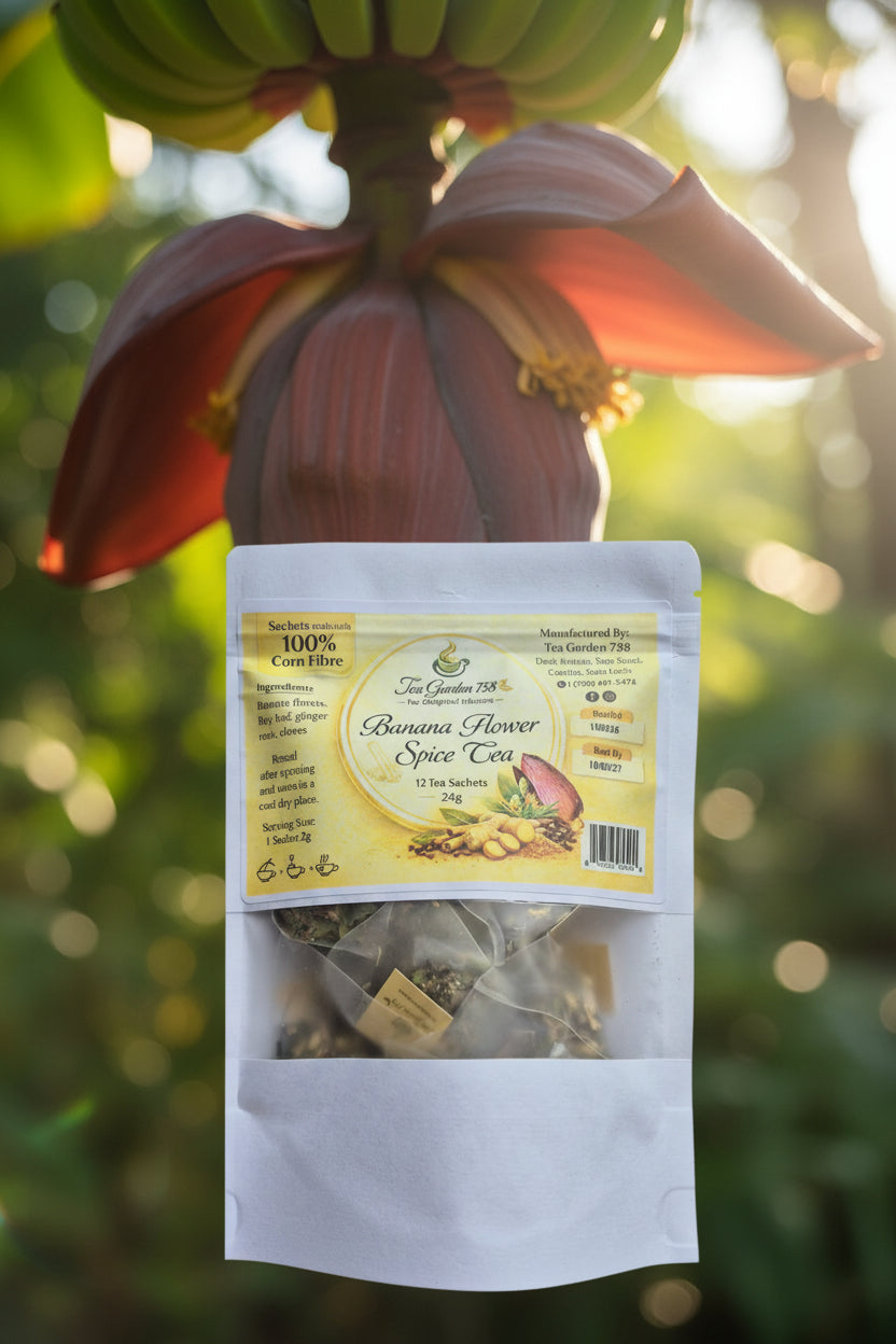 Tea package with banana flower spice tea on a white background