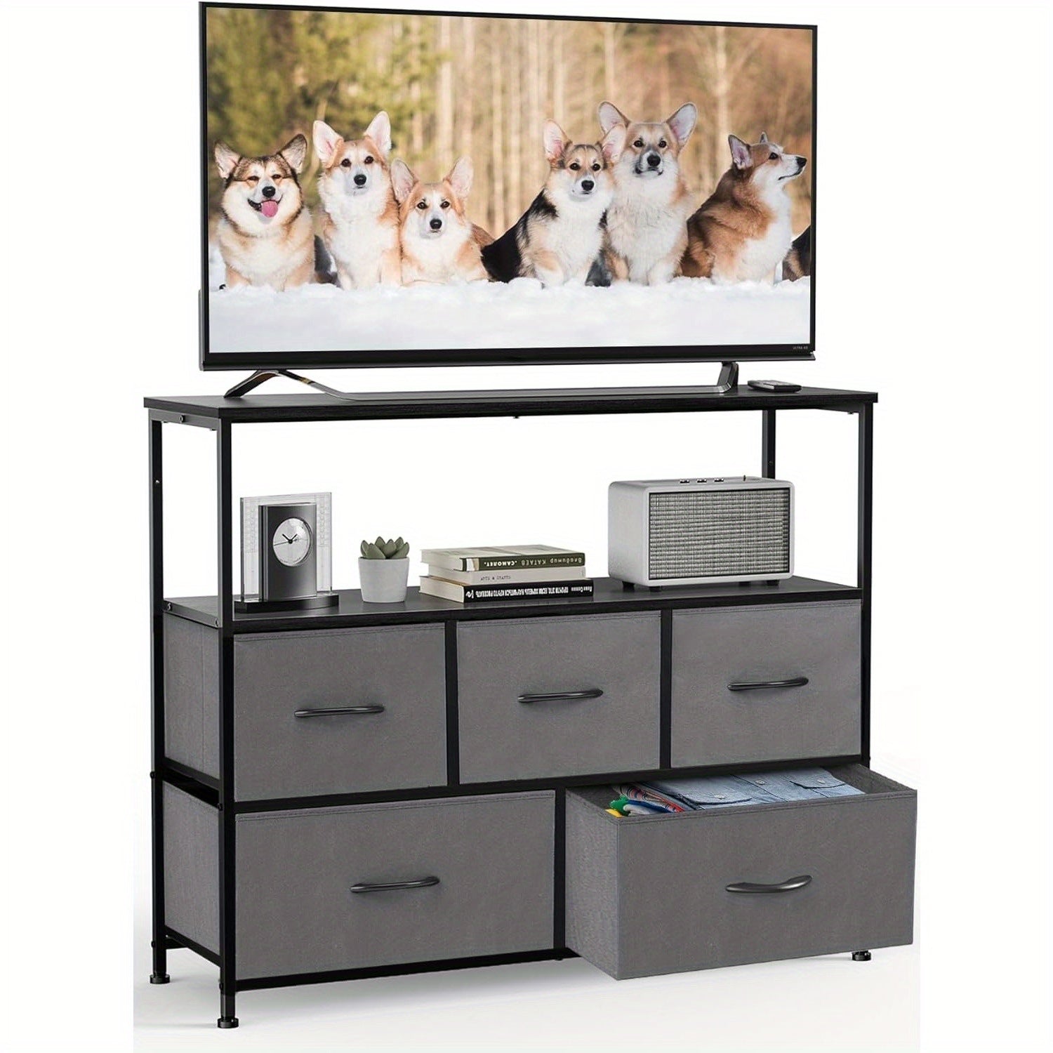 Media Console Table with 5 Fabric Drawer TV Stand Dresser - Kart It Up   - Media Console Table with 5 Fabric Drawer TV Stand Dresser - Kart It Up   - Media Console Table with 5 Fabric Drawer TV Stand Dresser - Kart It Up   - Media Console Table with 5 Fabric Drawer TV Stand Dresser - Kart It Up  - Media Console Table with 5 Fabric Drawer TV Stand Dresser - Kart It Up  -  