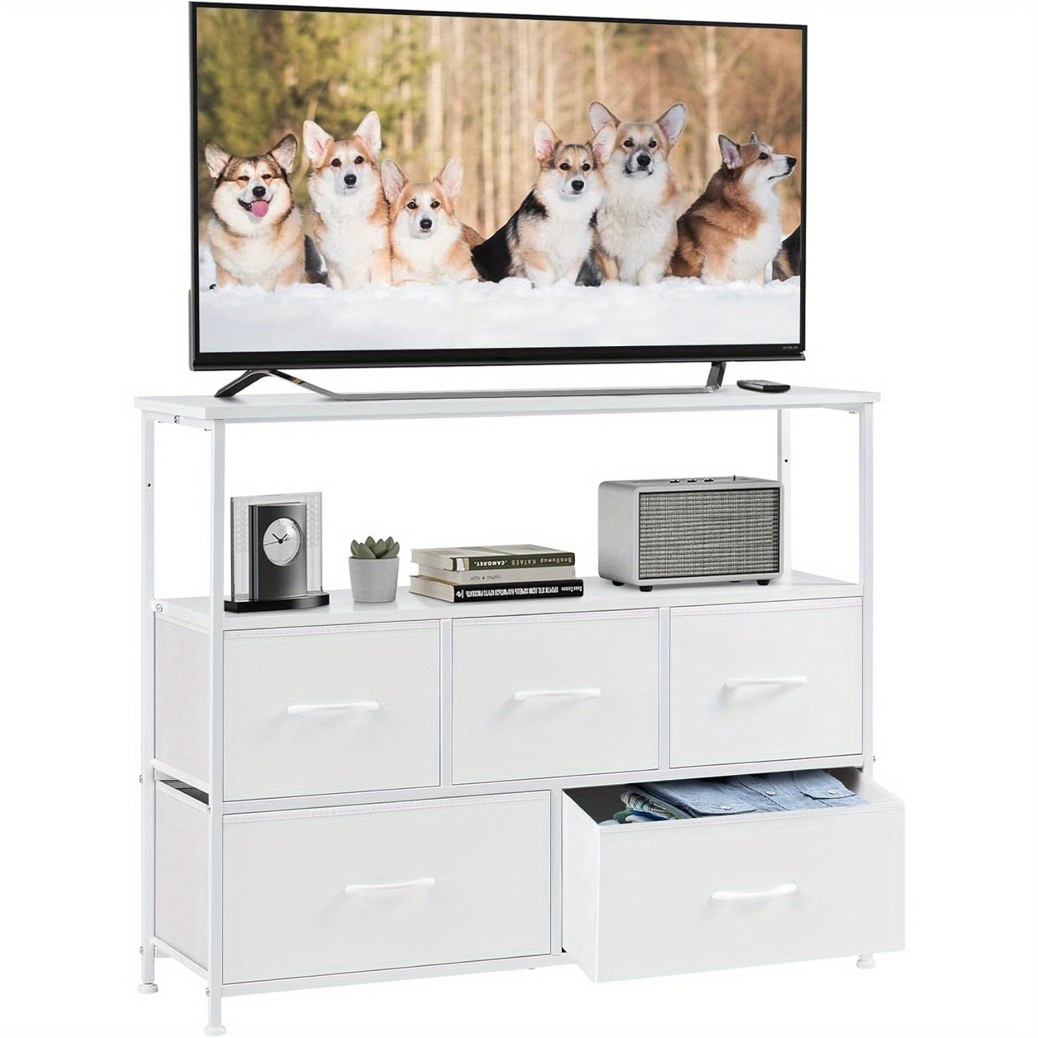 Media Console Table with 5 Fabric Drawer TV Stand Dresser - Kart It Up   - Media Console Table with 5 Fabric Drawer TV Stand Dresser - Kart It Up   - Media Console Table with 5 Fabric Drawer TV Stand Dresser - Kart It Up   - Media Console Table with 5 Fabric Drawer TV Stand Dresser - Kart It Up  - Media Console Table with 5 Fabric Drawer TV Stand Dresser - Kart It Up  -  