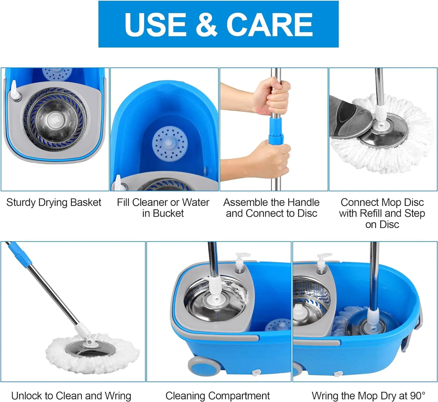 360° Spin Mop & Bucket Set — 3 Microfiber Heads, 61" Handle