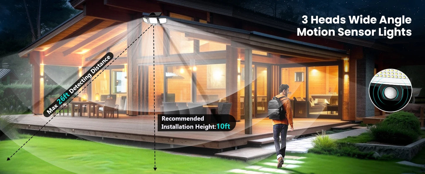 Solar Motion Sensor Security Light. 3- Head, 200+ LEDs, Waterproof