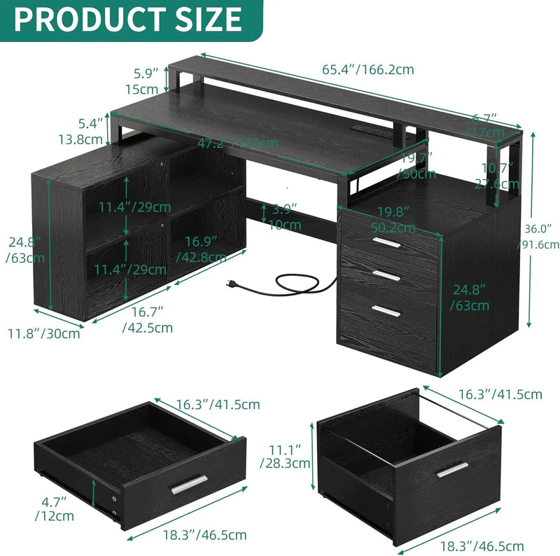 L Shaped Desk with Power Outlets & LED Lights, 65" Computer Desk with Drawers,Office Desk with File Cabinet &Printer Stand,Black