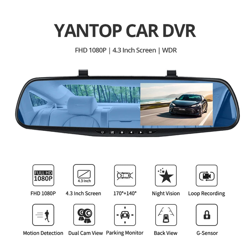 FHD 1080P Car DVR Dash Cam with Rearview Mirror Auto Reverse Image 170° Wide Angle Dual Lens Video Recorder Vehicle Supplies