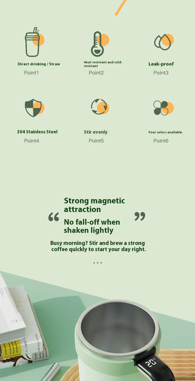 Smart Self-Stirring Coffee & Milkshake Cup — Magnetic, Temp Display