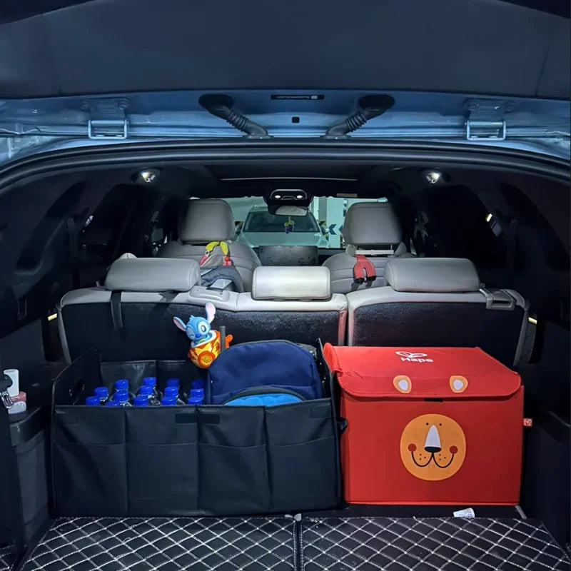 Car Storage Box to Organize Your Trunk & Say Goodbye to Mess in a vehicle trunk with organized storage compartments.