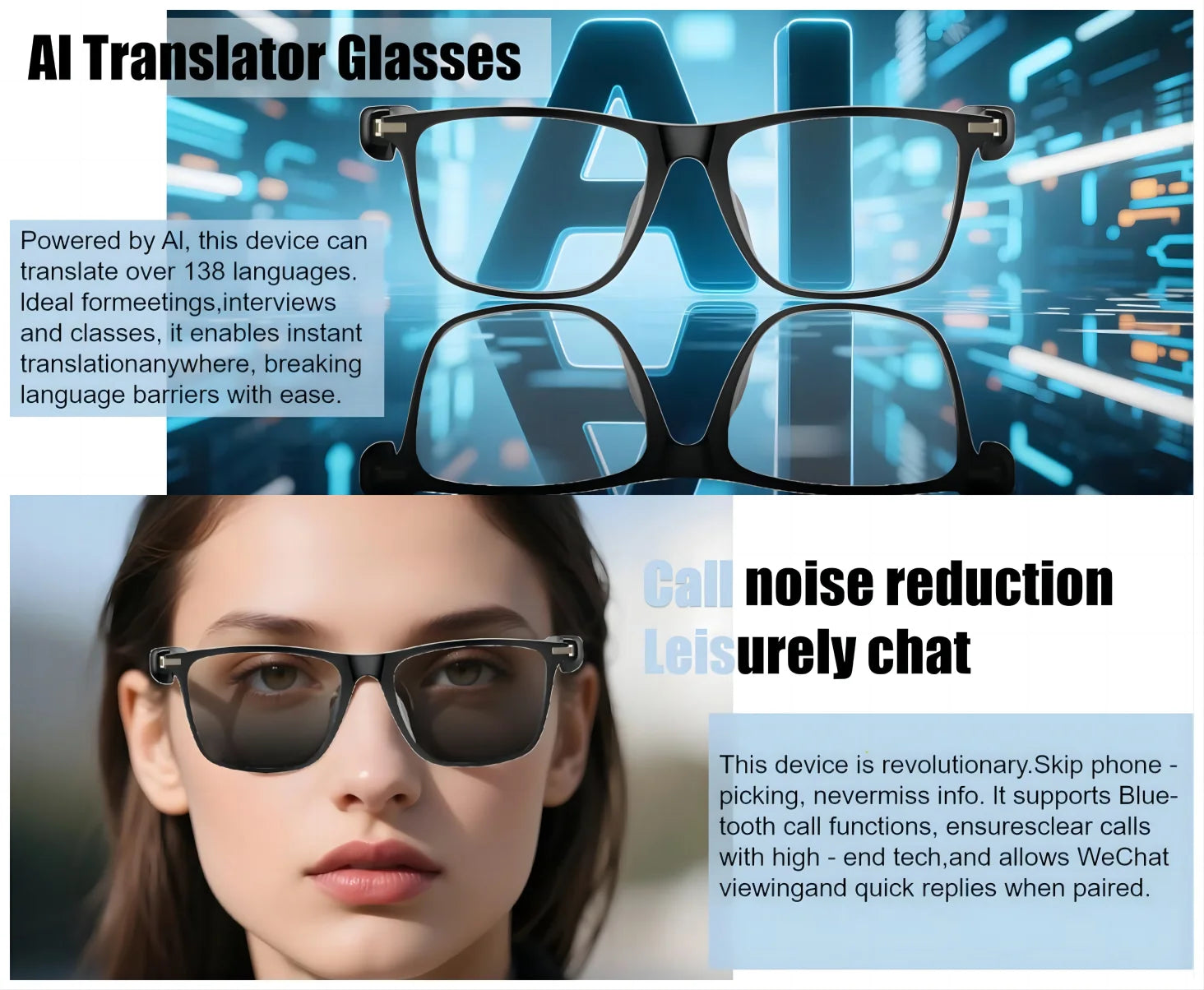 Smart glasses, app translation, color-changing lenses, high-definition voice calls, Hi-Fi music quality, open-ear audio glasses.