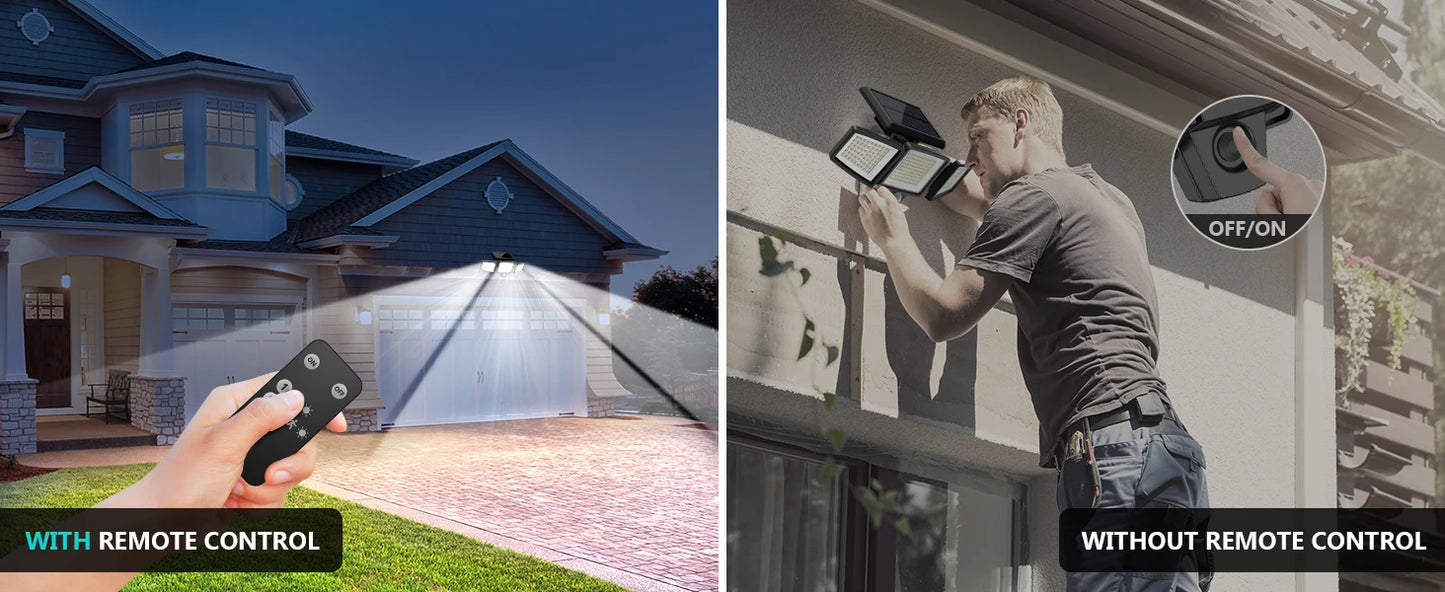 Solar Motion Sensor Security Light. 3- Head, 200+ LEDs, Waterproof