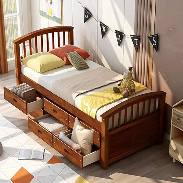 Twin Size Solid Wood Bed Platform with 6 Drawers Sturdy Perfect Kids Storage Solution Clothes Toys Books Easy Assembly Student