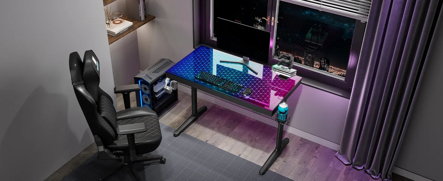 EUREKA ERGONOMIC RGB LED Gaming Desk, Music Sync Lights Up Tempered Glass Desktop, 43" GTG I43 Home Office Computer Table W Cont