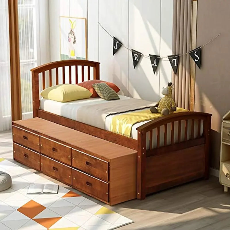 Twin Size Solid Wood Bed Platform with 6 Drawers Sturdy Perfect Kids Storage Solution Clothes Toys Books Easy Assembly Student