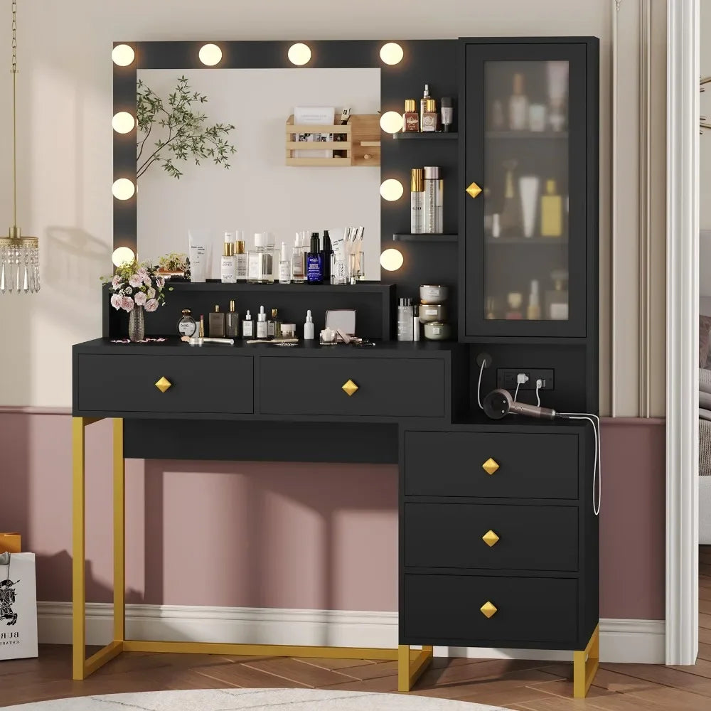 Makeup Vanity Desk with Mirror and Lights, Power Outlet, RGB LED Cabinet,  5 Drawers & Side Storage Bag, Black and Gold