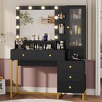 Makeup Vanity Desk with Mirror and Lights, Power Outlet, RGB LED Cabinet,  5 Drawers & Side Storage Bag, Black and Gold
