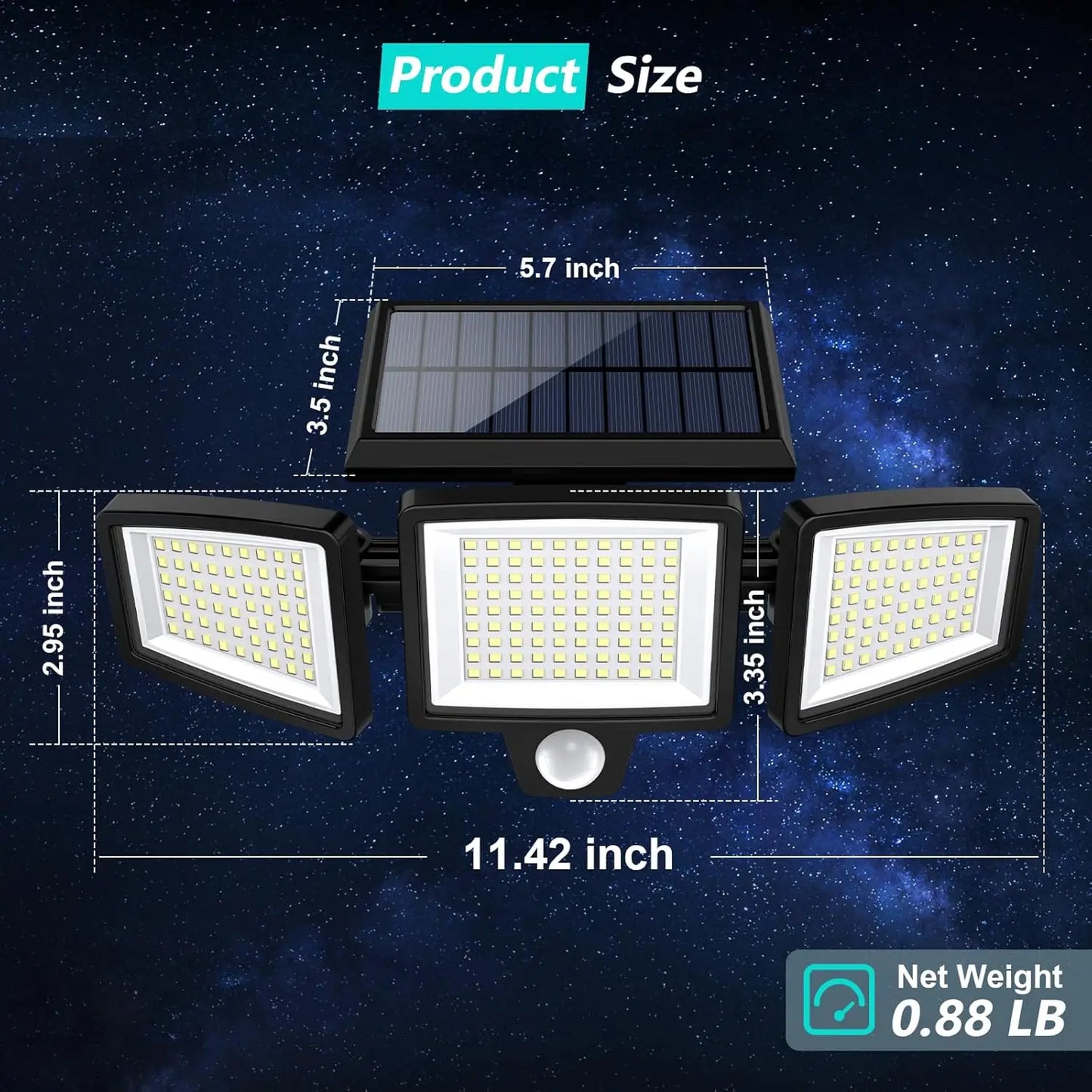 Solar Motion Sensor Security Light. 3- Head, 200+ LEDs, Waterproof