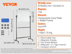 VEVOR Rolling Magnetic Whiteboard Double-Sided Mobile Whiteboard 360° Reversible Adjustable Height Dry Erase Board for School