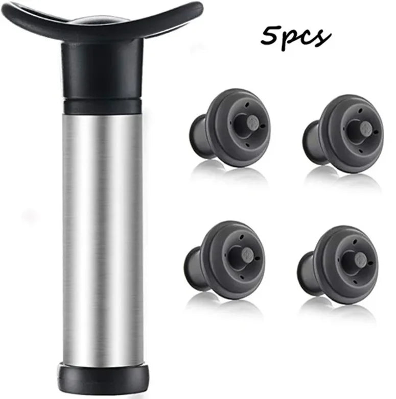 Vacuum Wine Saver Set, Pump Preserver with 4 Vacuum Wine Stoppers for White / Beer Wine, Stainless Steel, Keep Wine Fresh