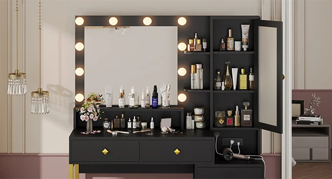 Makeup Vanity Desk with Mirror and Lights, Power Outlet, RGB LED Cabinet,  5 Drawers & Side Storage Bag, Black and Gold