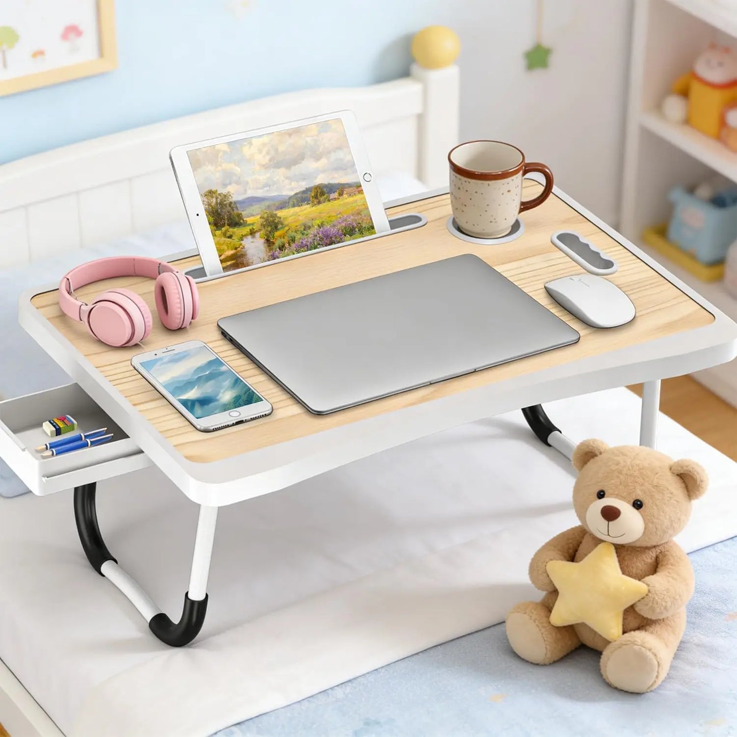 Laptop Bed Table with Foldable Legs & Cup Holder — Portable Lap Desk