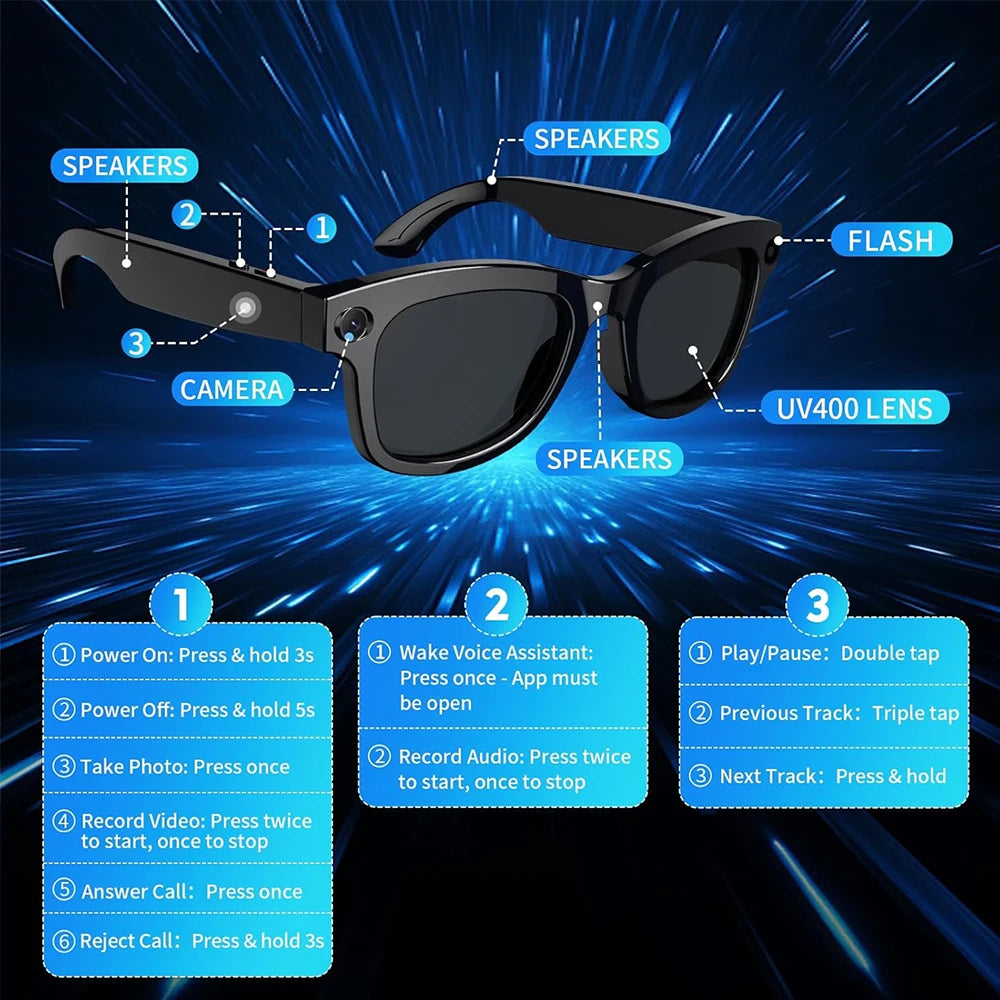 SENBONO AI Translator Smart Glasses With 8MP Camera Take Videos And Photo Sunglasses BT Call for Men Women 4K HD Fashion Glasses