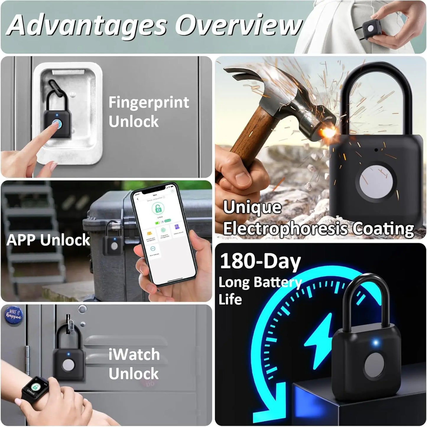 Smart Fingerprint Padlock — App Control, USB Rechargeable, Black