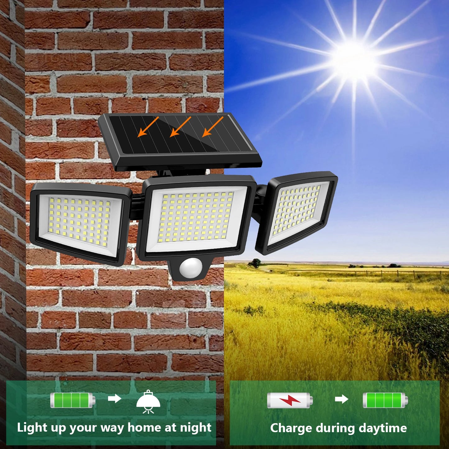 Solar Motion Sensor Security Light. 3- Head, 200+ LEDs, Waterproof