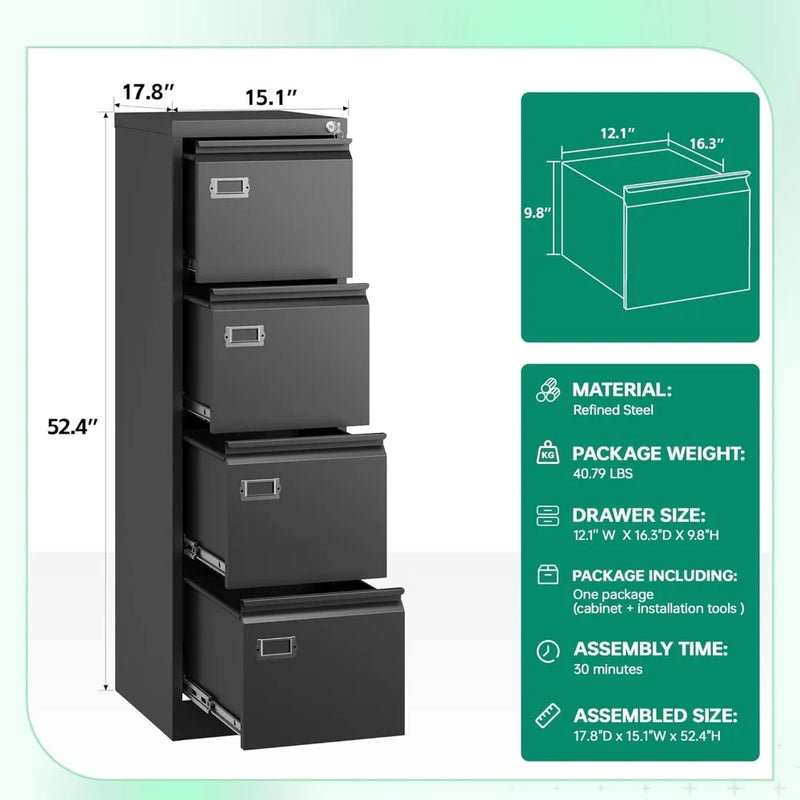 4 Drawer File Cabinet with Lock,Metal Office Filing Cabinets for Home Office- Storage A4/F4/Letter/Legal -Assembly Required