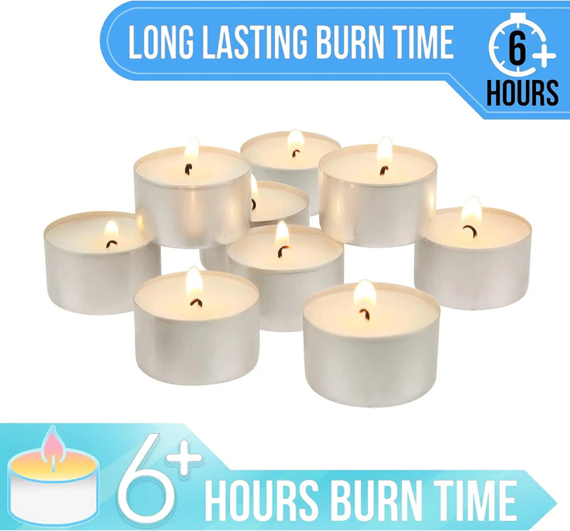 Long Burning Tea Light Candles, 6 to 7 Hour Extended Burn Time, White, Unscented, (SM-TL200), (Pack of 4, 800 Count Total)