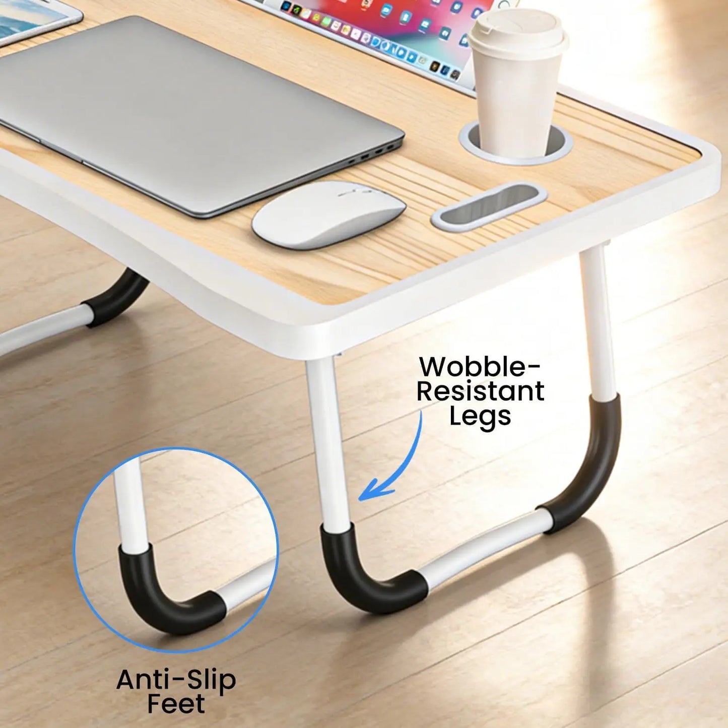 Laptop Bed Table with Foldable Legs & Cup Holder — Portable Lap Desk