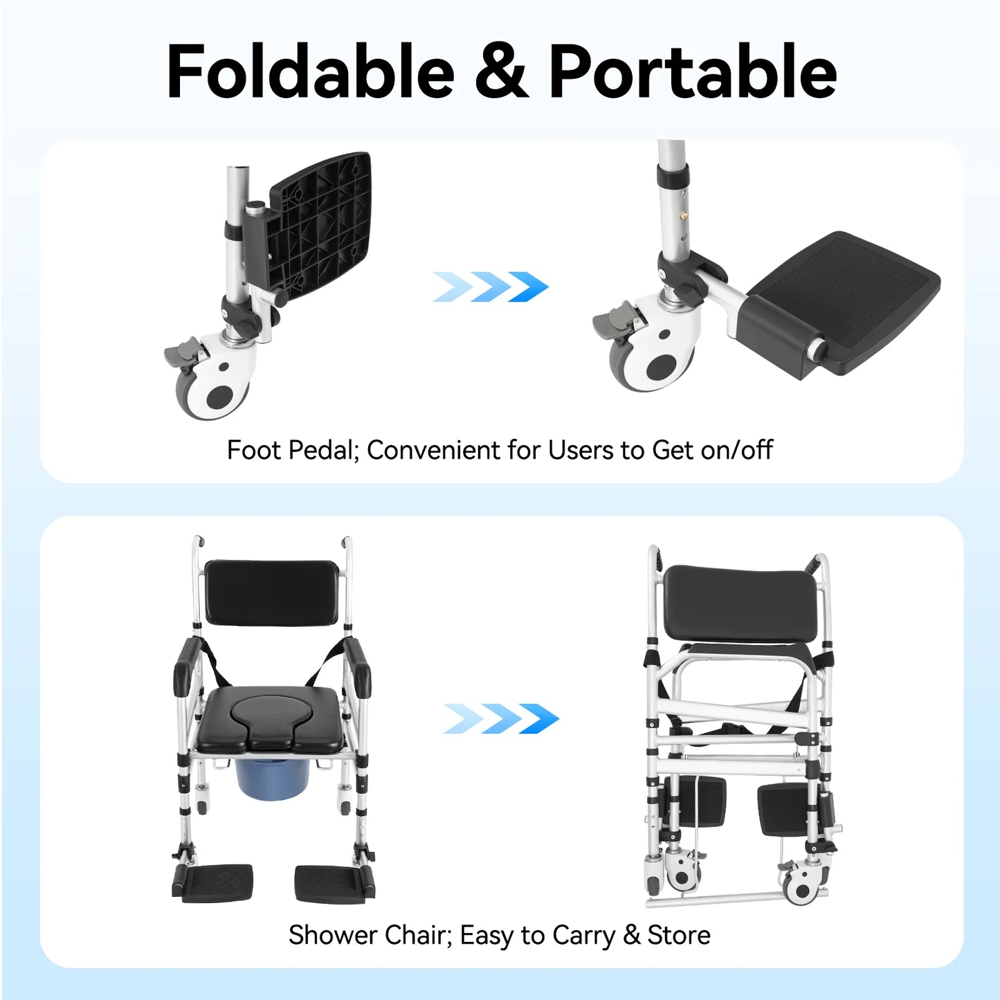 Folding Shower Chair with Wheels — Adjustable Height for Seniors
