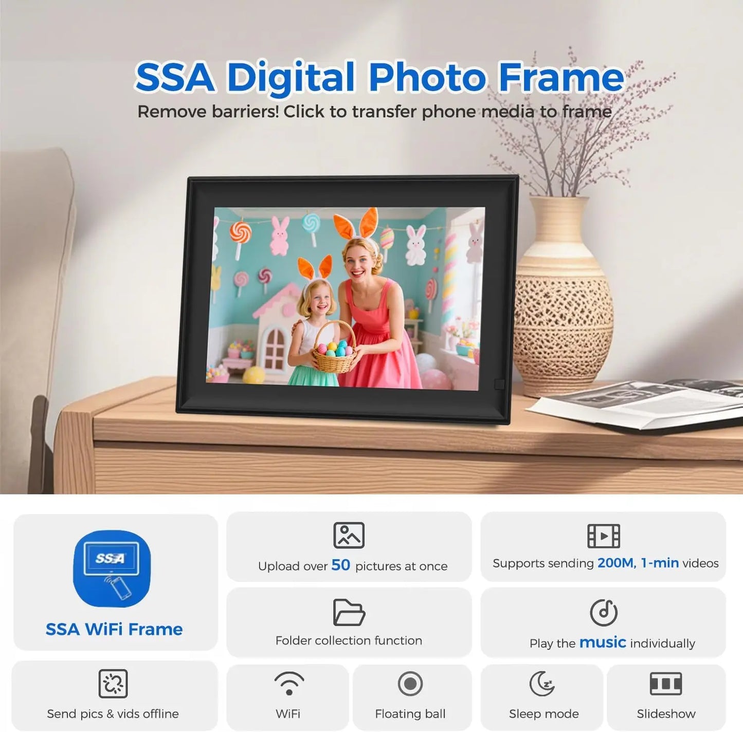 WiFi Digital Picture Frame — 10.1", 32GB, IPS Touch, Auto-Rotate