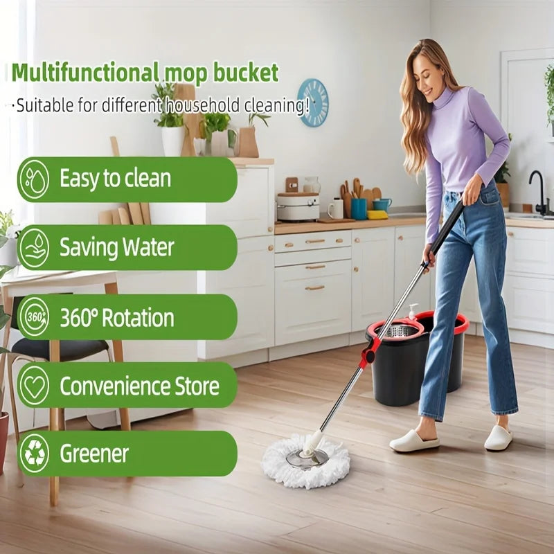 Hot Sale Heavy Duty Spin Mop Bucket System, 360° Rotating Floor Cleaner for Home, Adjustable Stainless Steel Handle, 3 Mop Heads