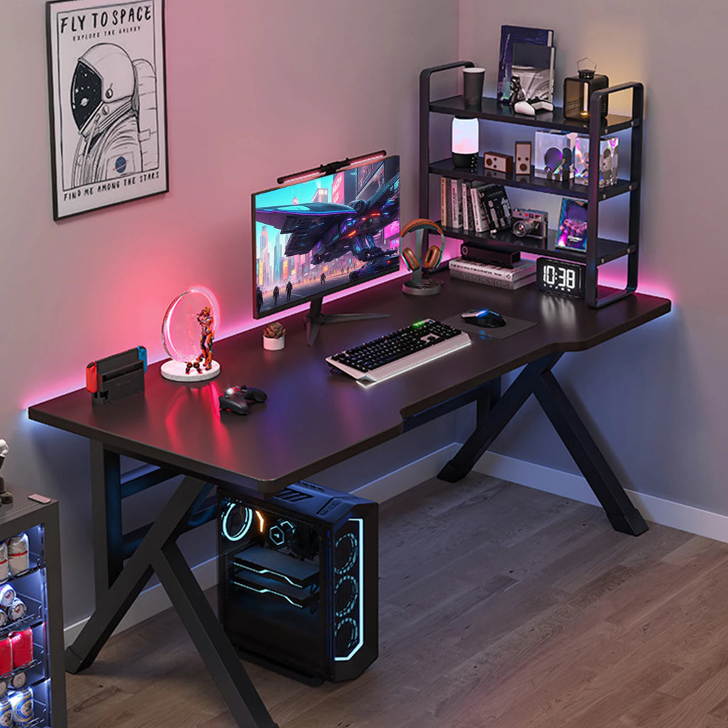 Gaming Desk, Ergonomic Computer Game Table with X-shaped Steel Legs, Sturdy PC Workstation Desk for Home Office with Cable Holes