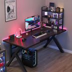 Gaming Desk, Ergonomic Computer Game Table with X-shaped Steel Legs, Sturdy PC Workstation Desk for Home Office with Cable Holes