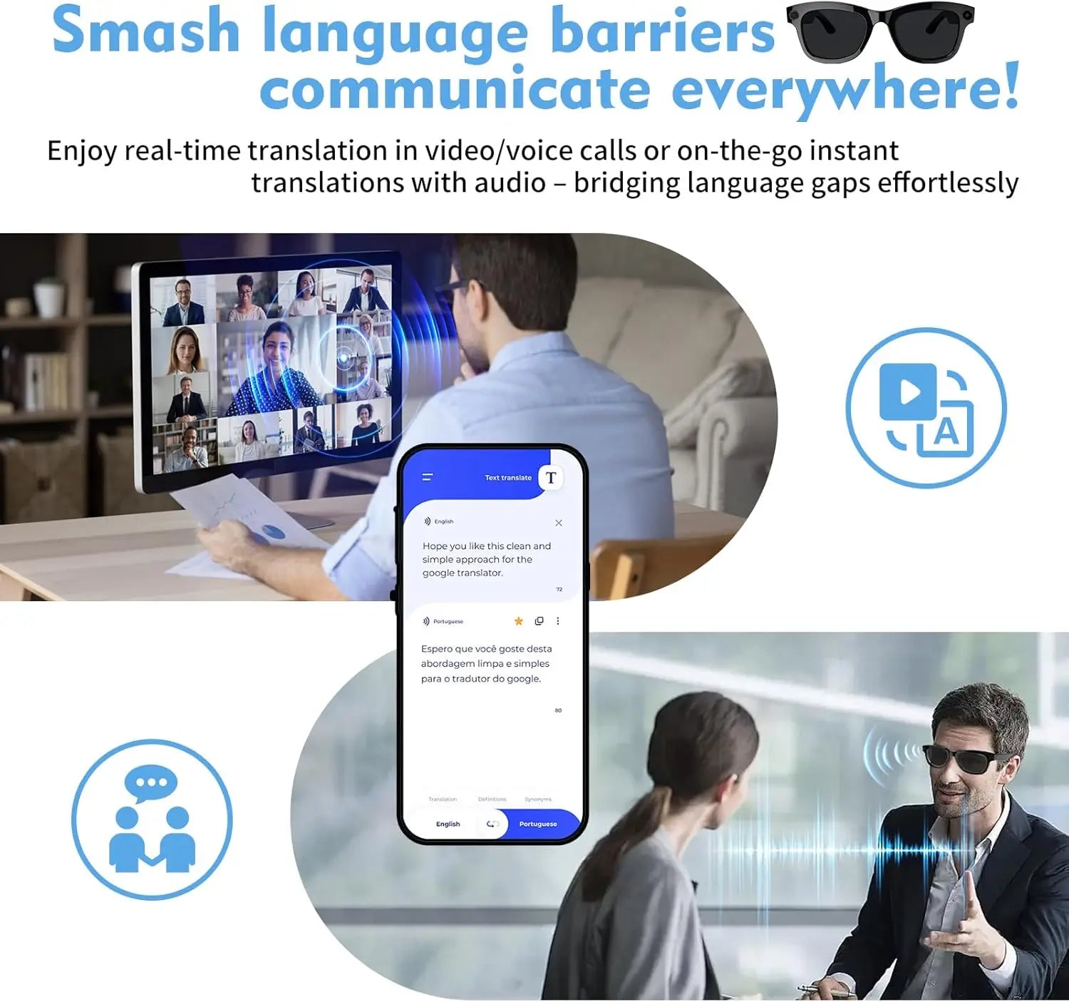 SENBONO AI Translator Smart Glasses With 8MP Camera Take Videos And Photo Sunglasses BT Call for Men Women 4K HD Fashion Glasses