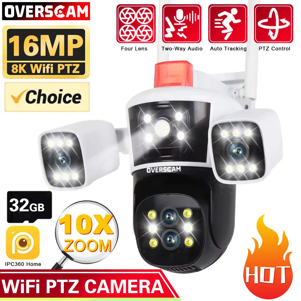 16mp 8K WIFI 10x Zoom Surveillance Outdoor Audio Floodlight Camera PTZ Four-Lens Three Screens Security 360°Monitor CCtv Network