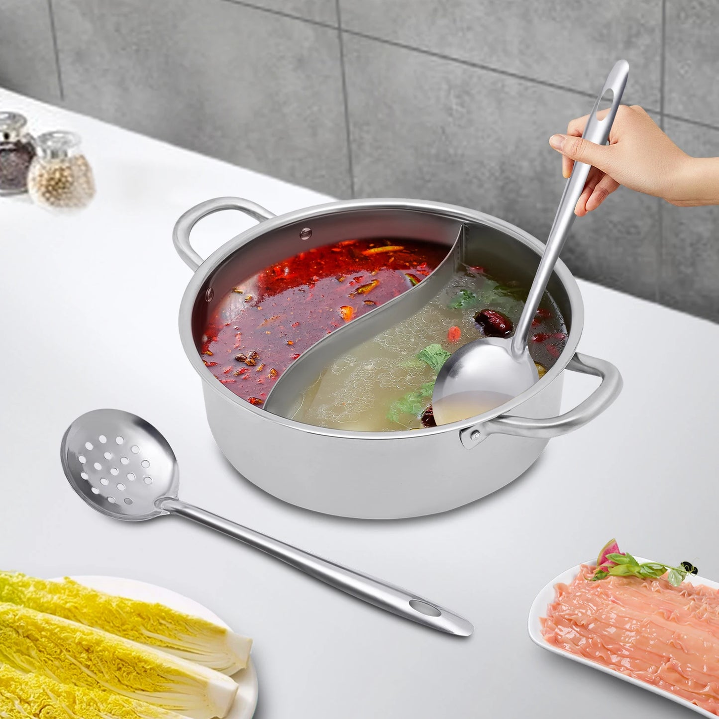 304 Stainless Steel Divided Hot Pot — 26cm, 2 Compartment with Lid