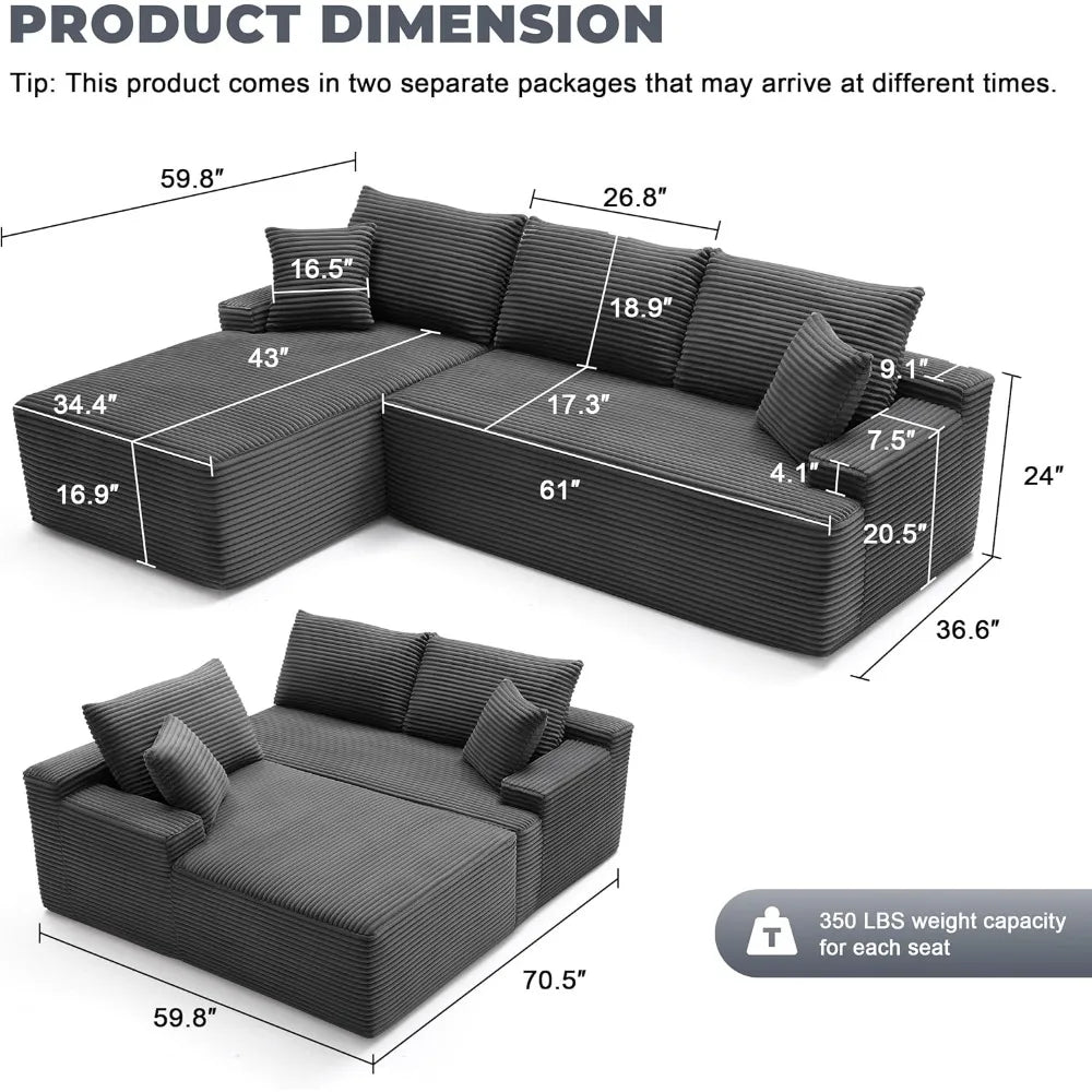Cloud Sectional Couch, Boneless Sofa for Living Room, Modular Sectional Sofa with Deep Seat, Fluffy Comfy Couch