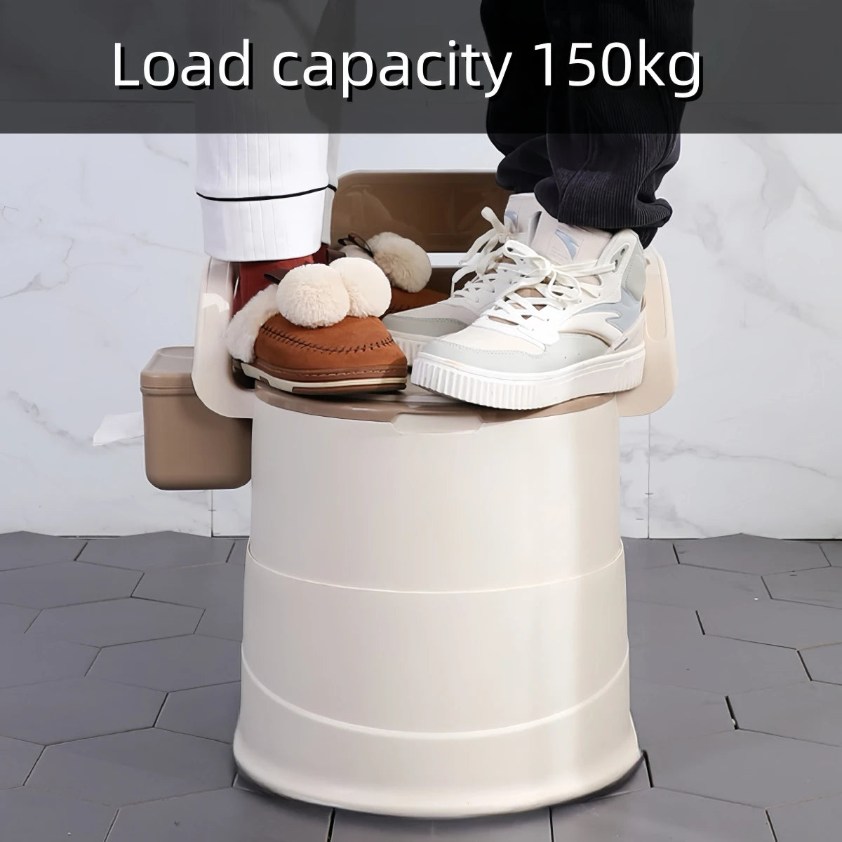 Portable Toilet with Back Support Camping and Travel Use showing load capacity of 150kg with two people standing on it.