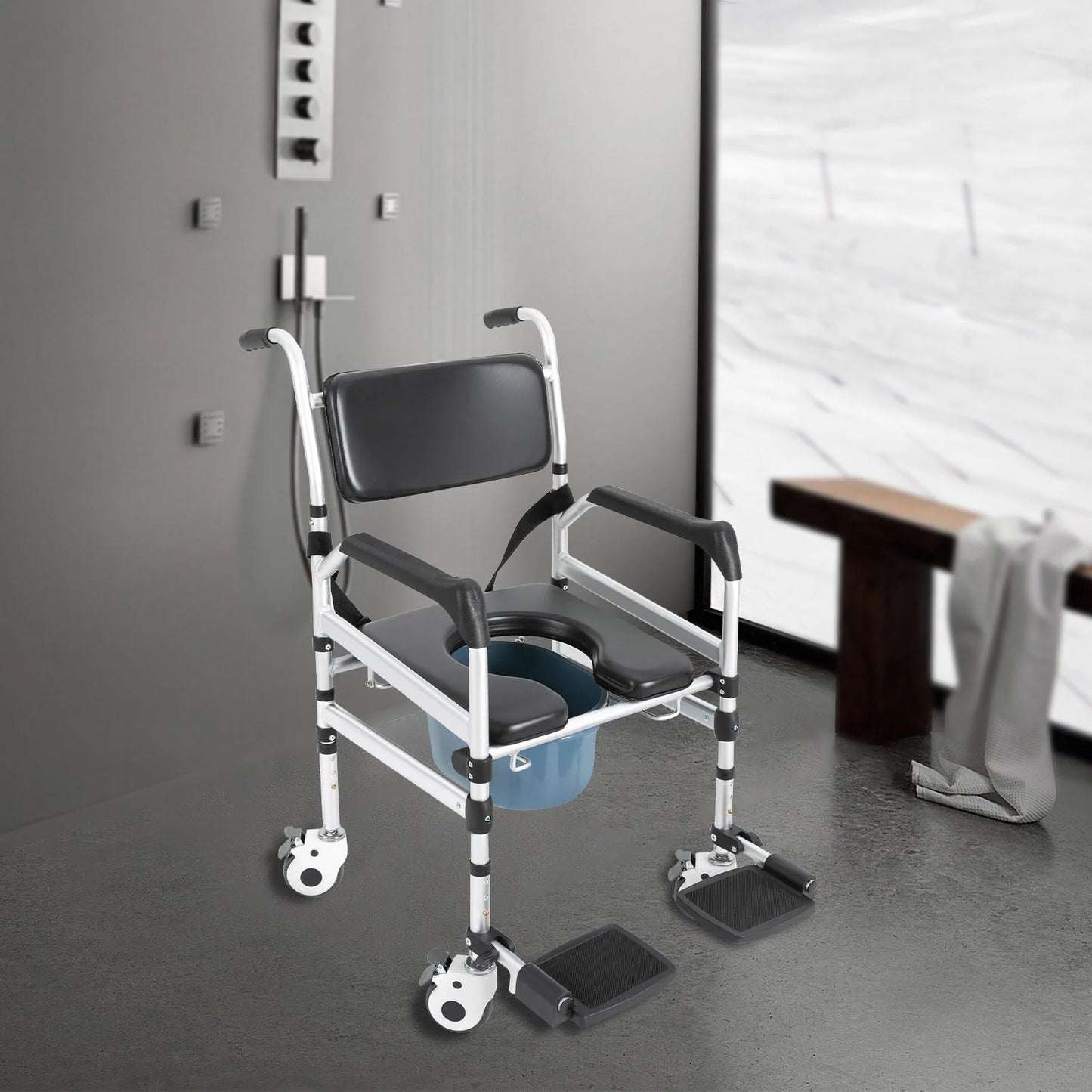 Folding Shower Chair with Wheels — Adjustable Height for Seniors