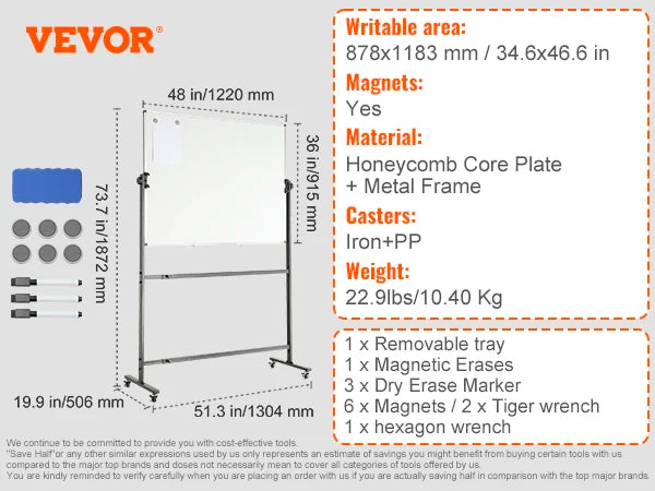 VEVOR Rolling Magnetic Whiteboard Double-Sided Mobile Whiteboard 360° Reversible Adjustable Height Dry Erase Board for School